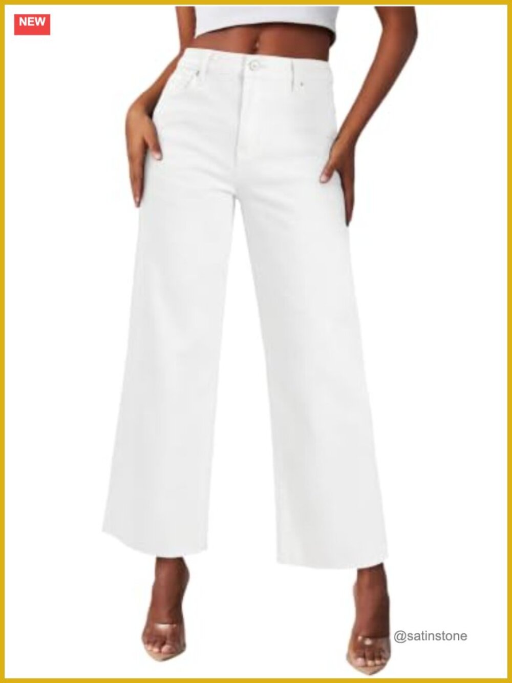 High Waisted Wide Leg Ripped Cropped Jeans, Stretchy Cotton Blend Denim with
